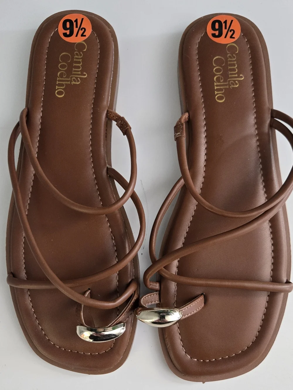 Camila Coelho Brown Strappy Sandals Gold‎ Accent Square Toe Size 9.5